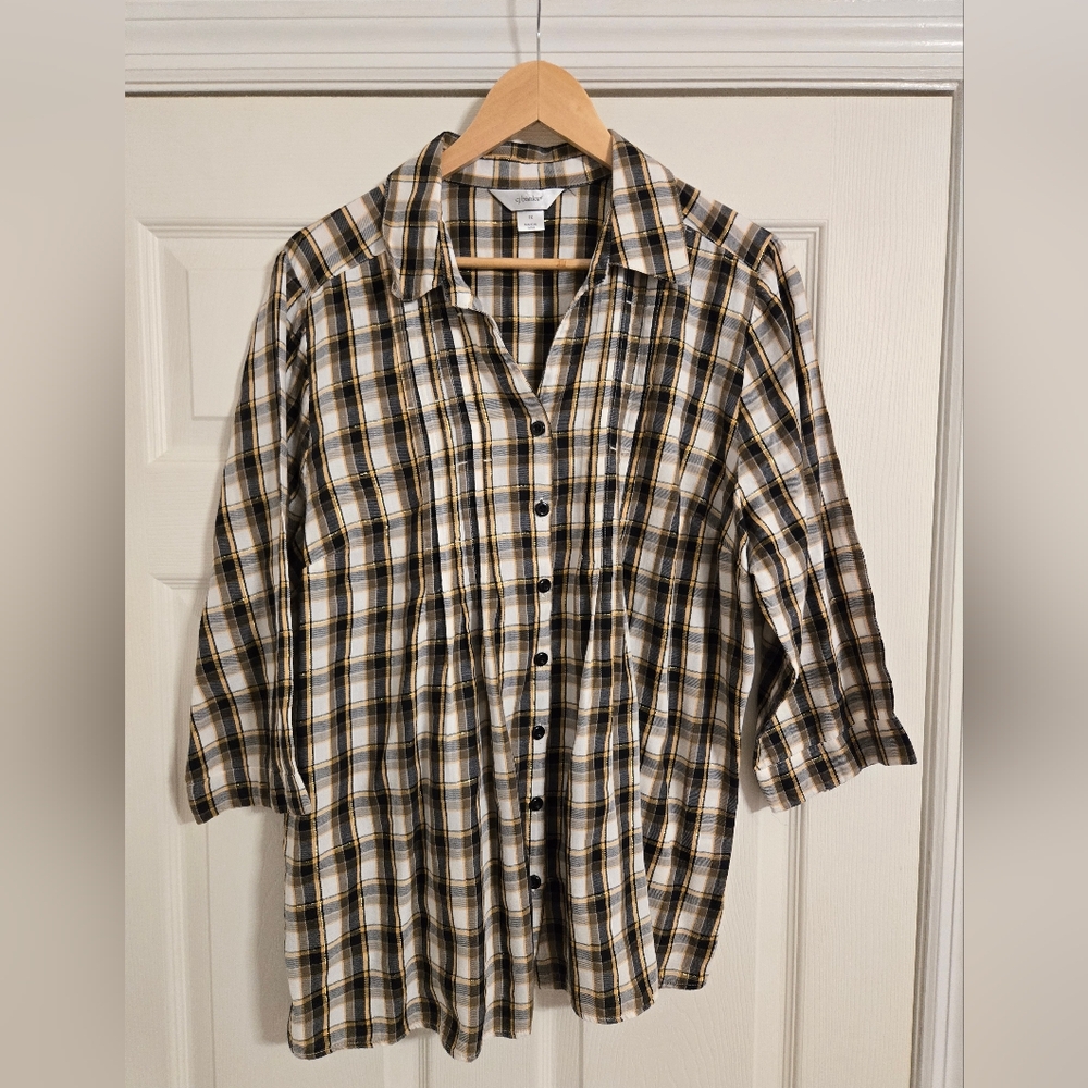 CJ Banks Women's Black And White Plaid Button Front Blouse Size 1X